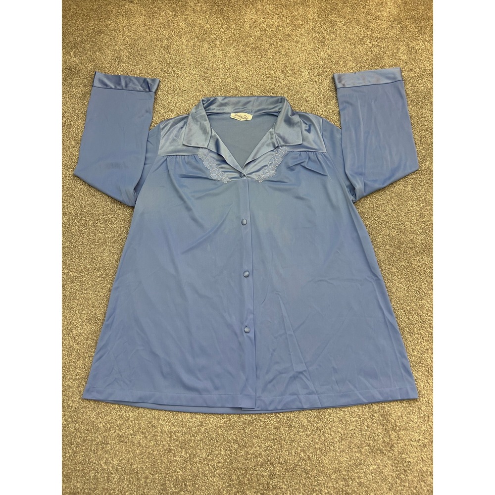 Vanity Fair Sleep Top Womens Medium Blue Excellent Vintage Embroidered Button Up